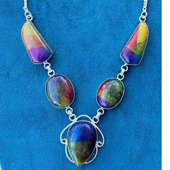 925 Rainbow Solar Quartz Agate Necklace 22" - Picture 1 of 6